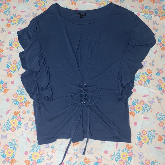 Express Blue Ruffle Top Size Medium - Picture 2 of 10